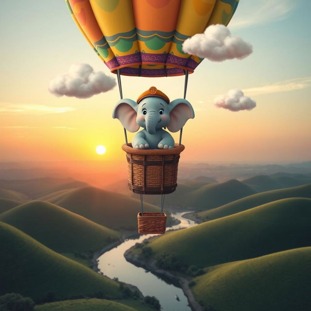 A whimsical scene featuring a cheerful elephant inside a colorful hot air balloon, soaring high above a lush green landscape at sunset