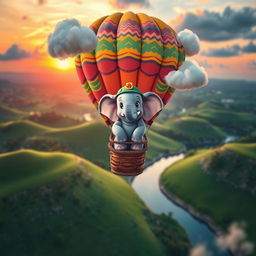 A whimsical scene featuring a cheerful elephant inside a colorful hot air balloon, soaring high above a lush green landscape at sunset