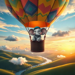 A whimsical scene featuring a cheerful elephant inside a colorful hot air balloon, soaring high above a lush green landscape at sunset