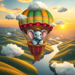 A whimsical scene featuring a cheerful elephant inside a colorful hot air balloon, soaring high above a lush green landscape at sunset