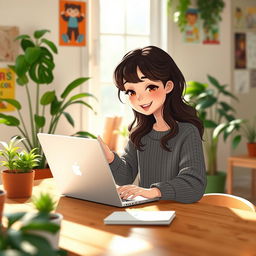 A charming depiction of a young girl with wavy dark hair, wearing a stylish sweater, sitting at a wooden desk and smiling as she hands her laptop to her friend