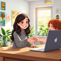 A charming depiction of a young girl with wavy dark hair, wearing a stylish sweater, sitting at a wooden desk and smiling as she hands her laptop to her friend