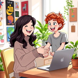 A charming depiction of a young girl with wavy dark hair, wearing a stylish sweater, sitting at a wooden desk and smiling as she hands her laptop to her friend