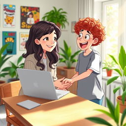A charming depiction of a young girl with wavy dark hair, wearing a stylish sweater, sitting at a wooden desk and smiling as she hands her laptop to her friend