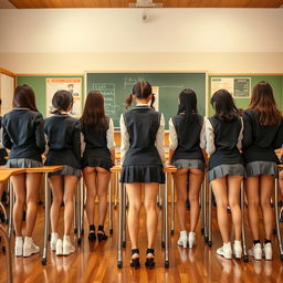 A classroom scene featuring a group of adult students aged 25-30 in a Japanese school setting, wearing stylish, modern uniforms with short skirts that highlight their fashionable appearance