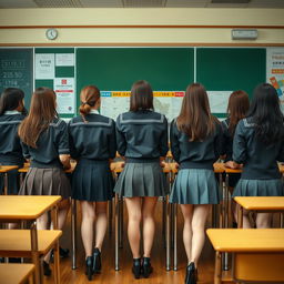 A classroom scene featuring a group of adult students aged 25-30 in a Japanese school setting, wearing stylish, modern uniforms with short skirts that highlight their fashionable appearance
