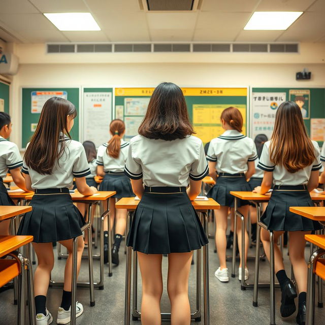 A classroom scene featuring a group of adult students aged 25-30 in a Japanese school setting, wearing stylish, modern uniforms with short skirts that highlight their fashionable appearance