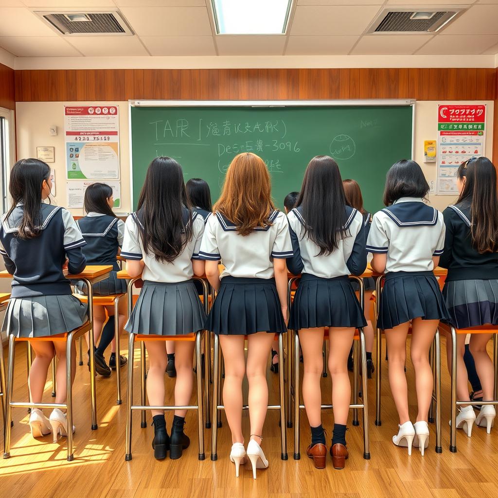 A classroom scene featuring a group of adult students aged 25-30 in a Japanese school setting, wearing stylish, modern uniforms with short skirts that highlight their fashionable appearance