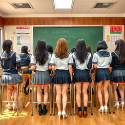 A classroom scene featuring a group of adult students aged 25-30 in a Japanese school setting, wearing stylish, modern uniforms with short skirts that highlight their fashionable appearance