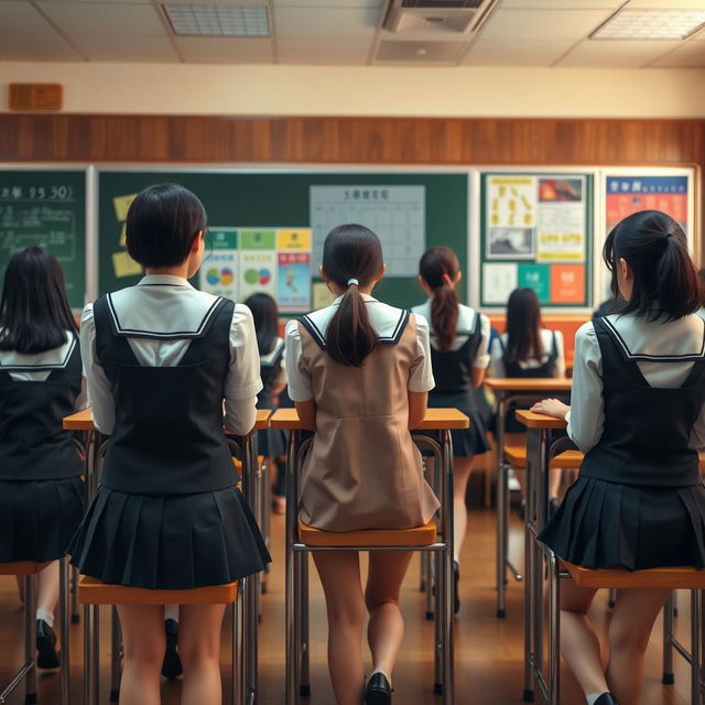 A classroom scene featuring adult students aged 25-30 in a Japanese school setting