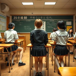 A classroom scene featuring adult students aged 25-30 in a Japanese school setting