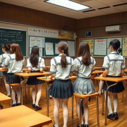 A classroom scene featuring adult students aged 25-30 in a Japanese school setting