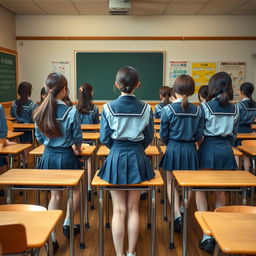 A classroom scene featuring adult students aged 25-30 in a Japanese school setting