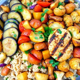 A delicious and colorful dish featuring a mix of fried eggplant slices, crispy fried potato slices, and golden-brown fried cauliflower florets, all combined with fluffy cooked bulgur and juicy grilled chicken pieces