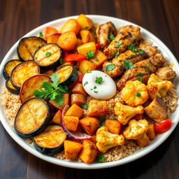 A delicious and colorful dish featuring a mix of fried eggplant slices, crispy fried potato slices, and golden-brown fried cauliflower florets, all combined with fluffy cooked bulgur and juicy grilled chicken pieces