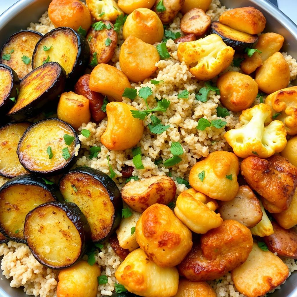 A delicious and colorful dish featuring a mix of fried eggplant slices, crispy fried potato slices, and golden-brown fried cauliflower florets, all combined with fluffy cooked bulgur and juicy grilled chicken pieces