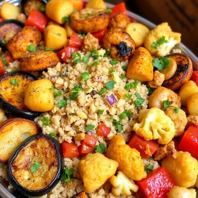 A delicious and colorful dish featuring a mix of fried eggplant slices, crispy fried potato slices, and golden-brown fried cauliflower florets, all combined with fluffy cooked bulgur and juicy grilled chicken pieces