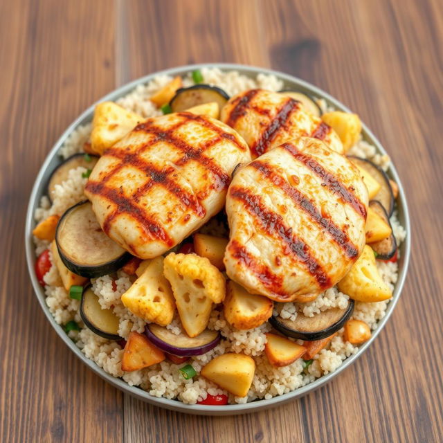 A layered dish featuring a mixture of fried eggplant slices, crispy fried potato slices, and golden fried cauliflower florets, all combined with fluffy cooked bulgur that has large pieces of grilled chicken resting on top