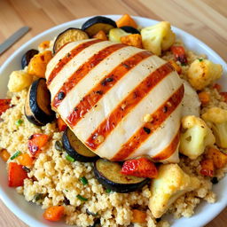 A layered dish featuring a mixture of fried eggplant slices, crispy fried potato slices, and golden fried cauliflower florets, all combined with fluffy cooked bulgur that has large pieces of grilled chicken resting on top