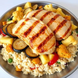 A layered dish featuring a mixture of fried eggplant slices, crispy fried potato slices, and golden fried cauliflower florets, all combined with fluffy cooked bulgur that has large pieces of grilled chicken resting on top