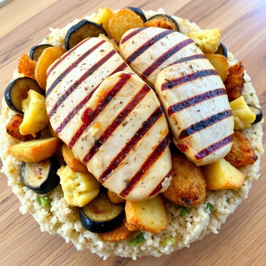 A layered dish featuring a mixture of fried eggplant slices, crispy fried potato slices, and golden fried cauliflower florets, all combined with fluffy cooked bulgur that has large pieces of grilled chicken resting on top