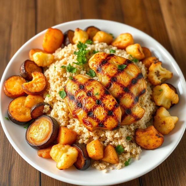 A beautiful plate showcasing a mouthwatering blend of fried eggplant slices, crispy fried potato wedges, and golden-brown fried cauliflower florets, all artfully arranged and topped with fluffy cooked bulgur wheat