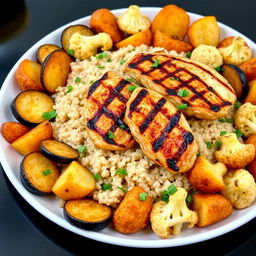 A beautiful plate showcasing a mouthwatering blend of fried eggplant slices, crispy fried potato wedges, and golden-brown fried cauliflower florets, all artfully arranged and topped with fluffy cooked bulgur wheat