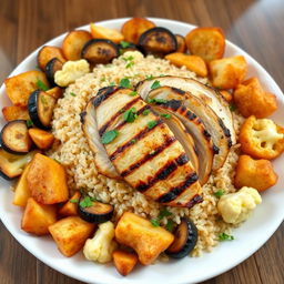 A beautiful plate showcasing a mouthwatering blend of fried eggplant slices, crispy fried potato wedges, and golden-brown fried cauliflower florets, all artfully arranged and topped with fluffy cooked bulgur wheat