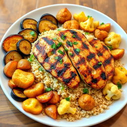 A beautiful plate showcasing a mouthwatering blend of fried eggplant slices, crispy fried potato wedges, and golden-brown fried cauliflower florets, all artfully arranged and topped with fluffy cooked bulgur wheat