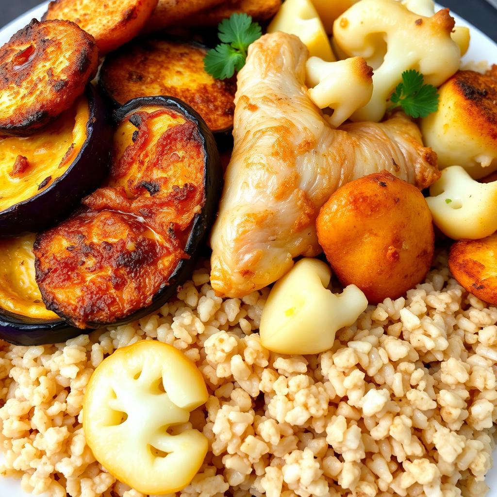 A delicious and visually appealing dish featuring fried eggplant slices, crispy fried potato slices, and fried cauliflower florets, all beautifully layered under a generous portion of cooked bulgur wheat