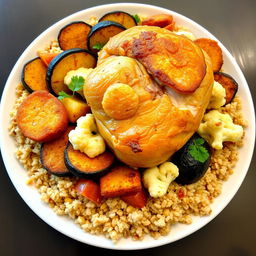 A delicious and visually appealing dish featuring fried eggplant slices, crispy fried potato slices, and fried cauliflower florets, all beautifully layered under a generous portion of cooked bulgur wheat