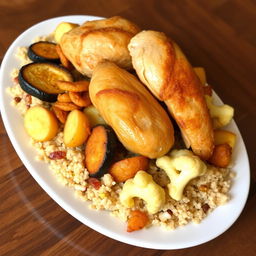 A delicious and visually appealing dish featuring fried eggplant slices, crispy fried potato slices, and fried cauliflower florets, all beautifully layered under a generous portion of cooked bulgur wheat