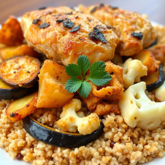 A delicious and visually appealing dish featuring fried eggplant slices, crispy fried potato slices, and fried cauliflower florets, all beautifully layered under a generous portion of cooked bulgur wheat