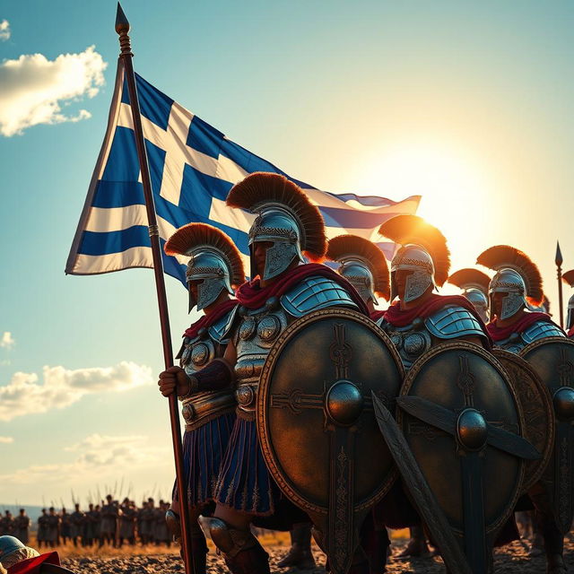 A dramatic scene featuring the Greek flag waving proudly in the background, with several armored soldiers standing in formation