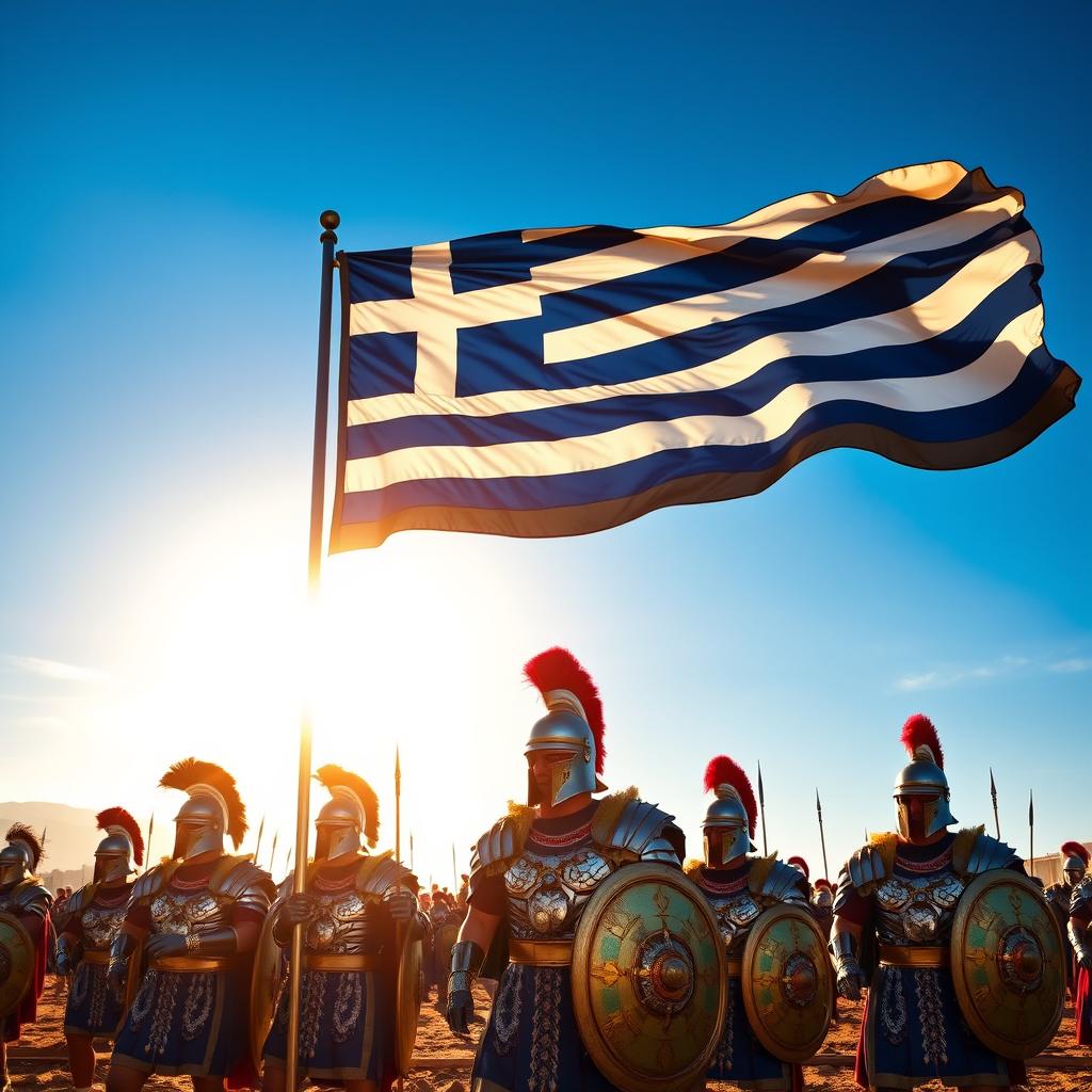 A dramatic scene featuring the Greek flag waving proudly in the background, with several armored soldiers standing in formation