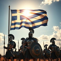 A dramatic scene featuring the Greek flag waving proudly in the background, with several armored soldiers standing in formation
