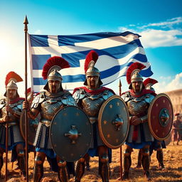 A dramatic scene featuring the Greek flag waving proudly in the background, with several armored soldiers standing in formation