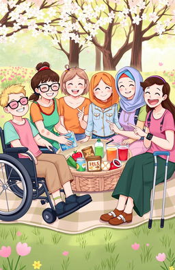 A heartwarming and colorful illustration depicting seven friends, each with a unique and visible chronic illness, showcasing their strong bond of friendship