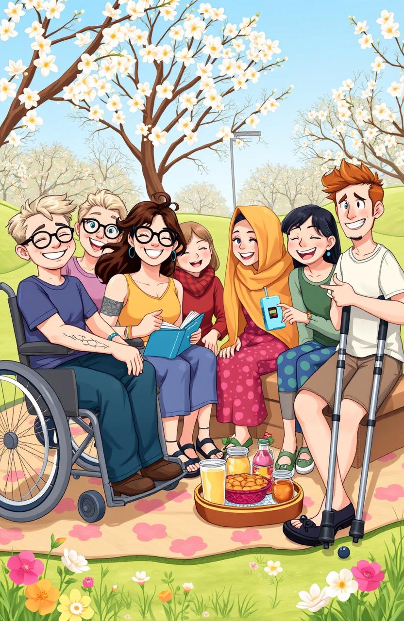 A heartwarming and colorful illustration depicting seven friends, each with a unique and visible chronic illness, showcasing their strong bond of friendship