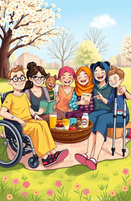 A heartwarming and colorful illustration depicting seven friends, each with a unique and visible chronic illness, showcasing their strong bond of friendship