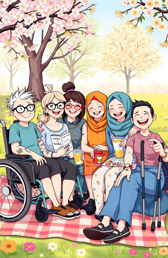 A heartwarming and colorful illustration depicting seven friends, each with a unique and visible chronic illness, showcasing their strong bond of friendship