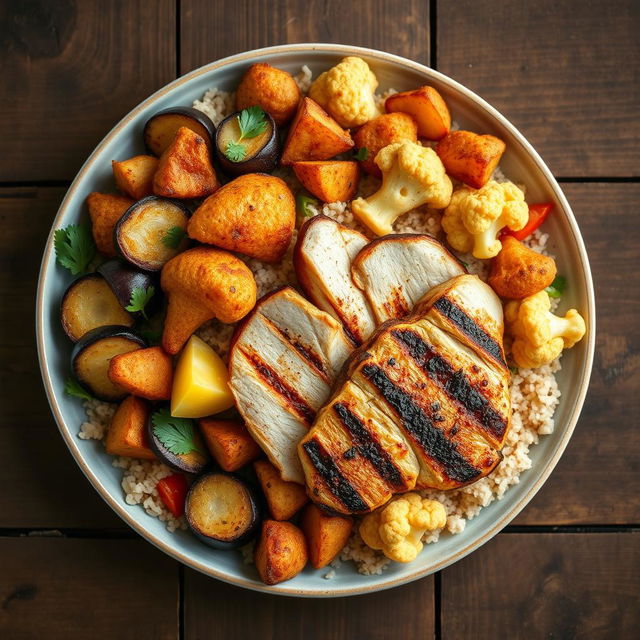 A beautifully arranged plate featuring a mix of fried eggplant slices, crispy fried potato wedges, and golden fried cauliflower florets, all intricately buried within fluffy cooked bulgur wheat