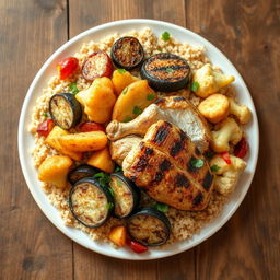 A beautifully arranged plate featuring a mix of fried eggplant slices, crispy fried potato wedges, and golden fried cauliflower florets, all intricately buried within fluffy cooked bulgur wheat