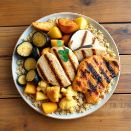 A beautifully arranged plate featuring a mix of fried eggplant slices, crispy fried potato wedges, and golden fried cauliflower florets, all intricately buried within fluffy cooked bulgur wheat