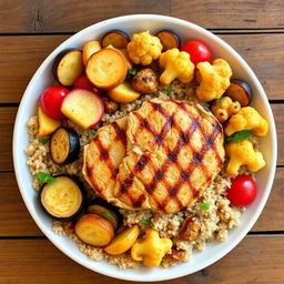 A beautifully arranged plate featuring a mix of fried eggplant slices, crispy fried potato wedges, and golden fried cauliflower florets, all intricately buried within fluffy cooked bulgur wheat