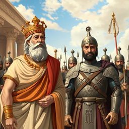 A historical scene depicting Cyrus the Great and Reza Shah standing side by side