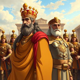 A historical scene depicting Cyrus the Great and Reza Shah standing side by side