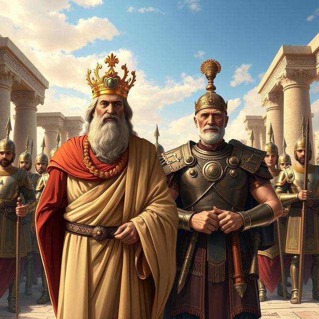 A historical scene depicting Cyrus the Great and Reza Shah standing side by side