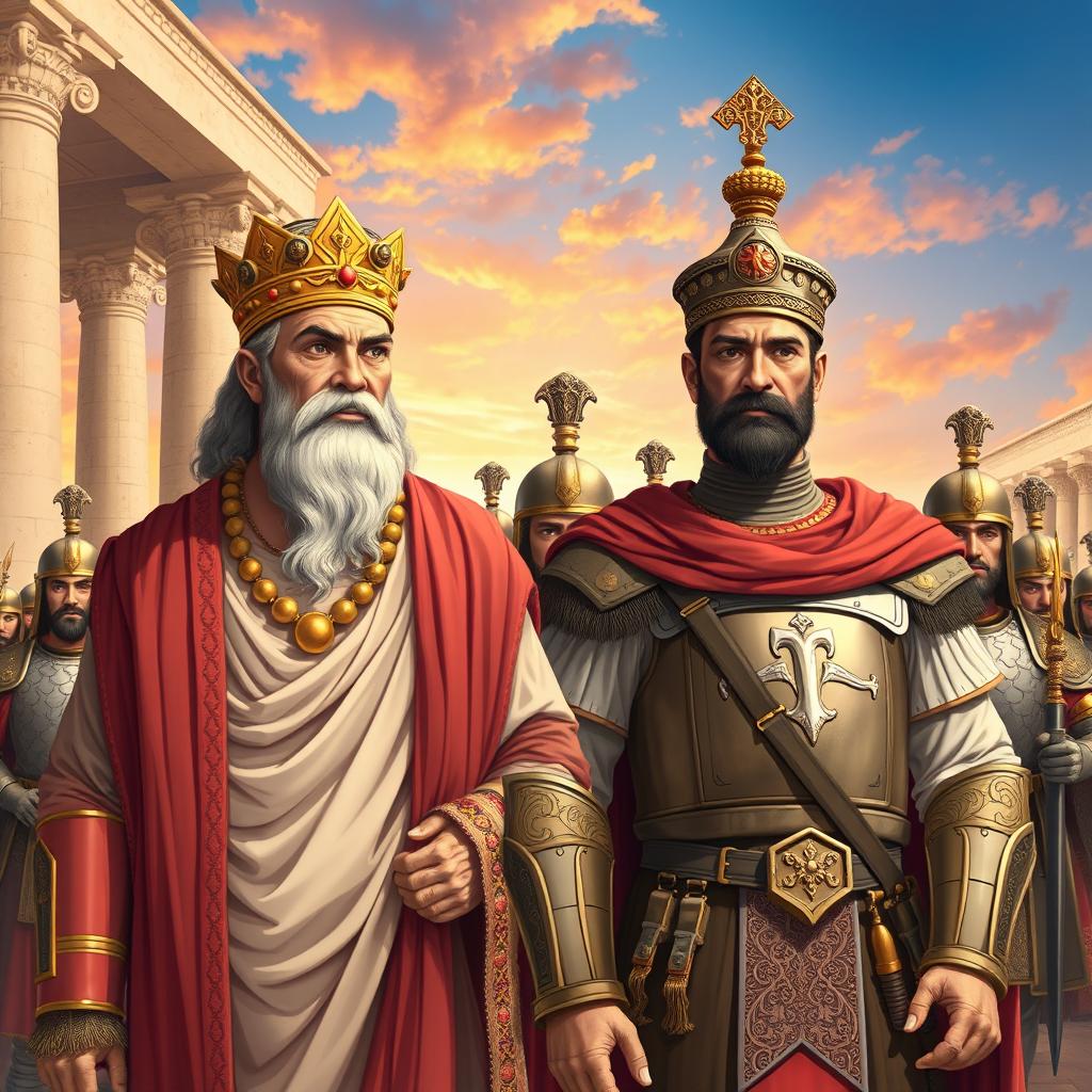 A historical scene depicting Cyrus the Great and Reza Shah standing side by side