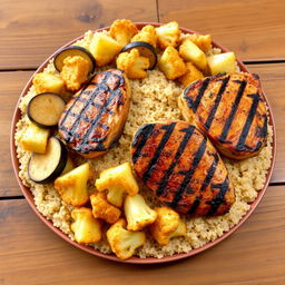 A delicious platter featuring a combination of fried eggplant slices, golden fried potato wedges, and crispy fried cauliflower florets, all beautifully nestled under a generous serving of cooked bulgur wheat